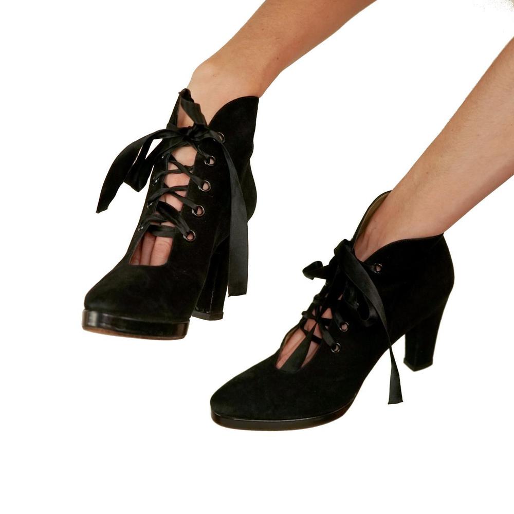 Vintage 90s Yves Saint Laurent black suede lace up heels - Picture 2 of 9